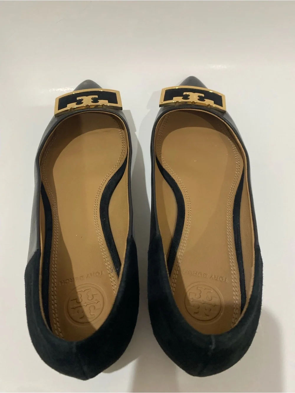 Tory Burch Jessa Black Gold Pointed Toe Logo Buckle Flats Leather Suede